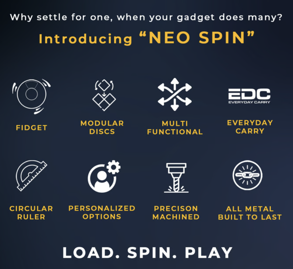 NEO SPIN feature overview with Load Spin Play message